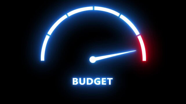 Neon budget gauge meter animation: financial planning and cost management concept finance