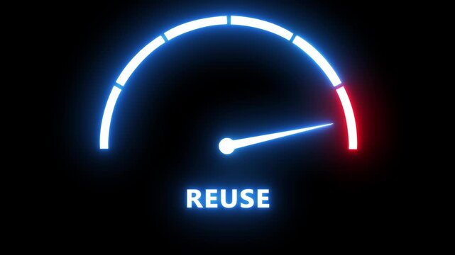 Neon gauge meter indicating reuse rate, circular progress indicator for sustainability and recycling concepts, glowing digital interface
