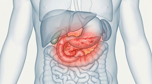 Human digestive system anatomy with inflamed stomach and intestines highlighted in red