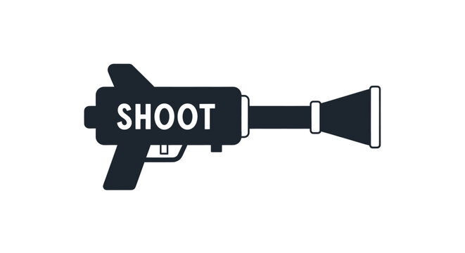 A flat design illustration of a dark grey rocket launcher with the word SHOOT on its side, against a white background.
