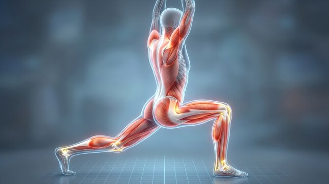 Anatomical illustration of human musculature in a dynamic stretching pose