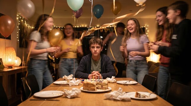 A quiet teenage boy sits feeling completely isolated in front of his birthday cake while surrounded by the motion-blurred chaos of his friends laughing and actively celebrating