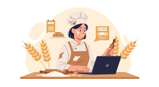 Baker using laptop for online baking class or recipe with flour and rolling pin