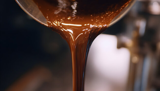 The video shows a vertical close up of liquid chocolate flowing from a professional metal spout in a factory
