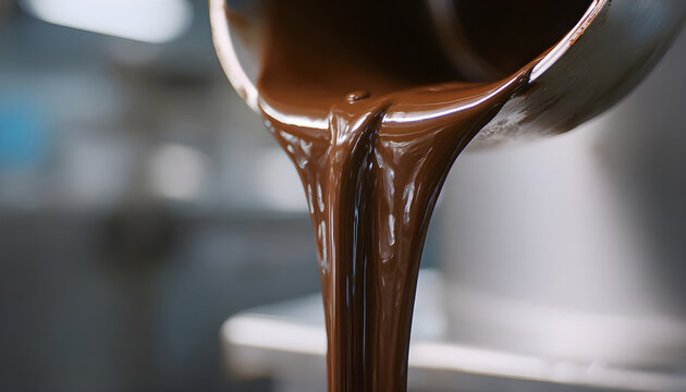 The video shows a vertical close up of liquid chocolate flowing from a professional metal spout in a factory