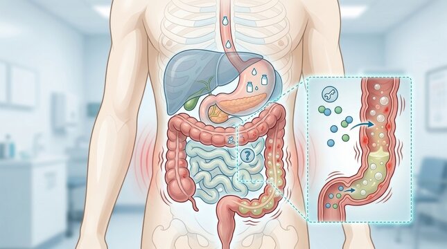 Digestive system illustration showing inflammation and gas bubbles in the colon