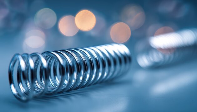 Close-up of metallic coil spring with bokeh background