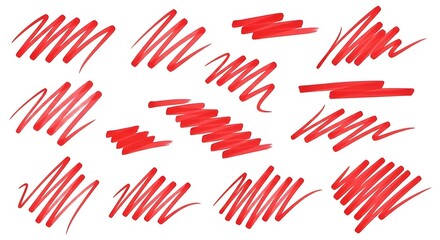 Fototapeta premium Collection of red marker strokes and hand-drawn scribbles, ideal for highlighting, underlining, and adding expressive graphic accents to designs