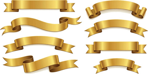 Obraz premium Set of realistic gold satin ribbons and bows isolated on white background