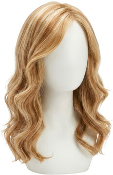 A human hair wig with flowing blonde and light brown highlighted waves displayed on a mannequin head presenting a natural and stylish look styling beauty fashion style strands