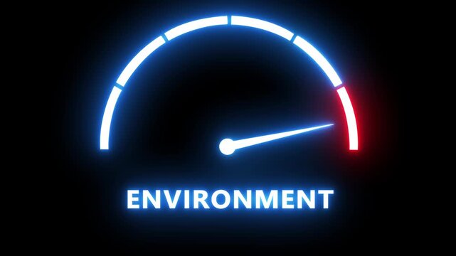 Neon environment gauge meter animation, glowing performance indicator for sustainability and climate change data visualization
