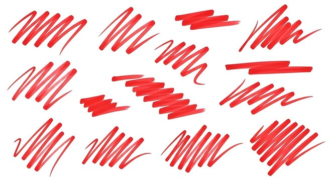 Collection of red marker strokes and hand-drawn scribbles, ideal for highlighting, underlining, and adding expressive graphic accents to designs