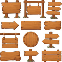 Fototapeta premium Set of cartoon wooden signs, empty planks and direction pointers isolated on white background