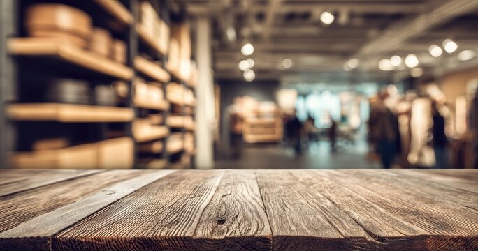 Rustic wooden table in blurred retail store interior with shoppers