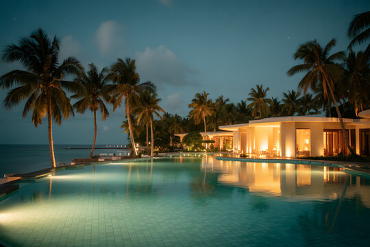 Luxury resort infinity pool at twilight palm trees and ocean view ideal for travel and vacation concepts serene ambiance.