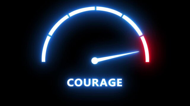 Neon courage gauge meter animation: measuring bravery and personal growth concept speedometer