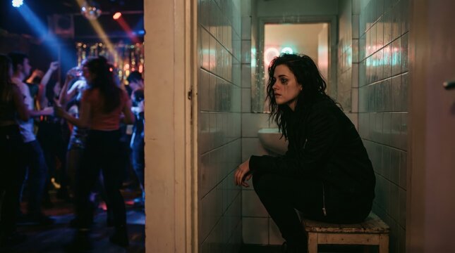 A deeply sad young woman with ruined makeup crouches in a quiet tiled bathroom while motion-blurred people continue to dance actively in the brightly lit nightclub right outside