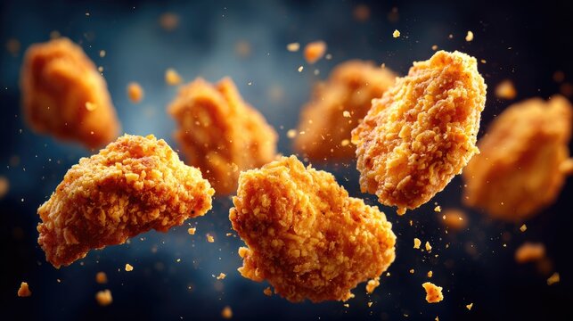 Crispy, breaded poultry pieces suspended in mid-air