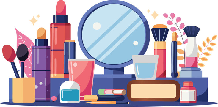 Cosmetic products and makeup brushes on a vanity table with a mirror.
