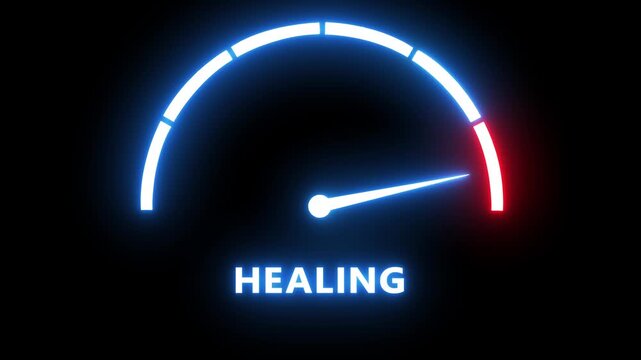 Neon healing progress gauge animation: medical recovery and wellness concept meter