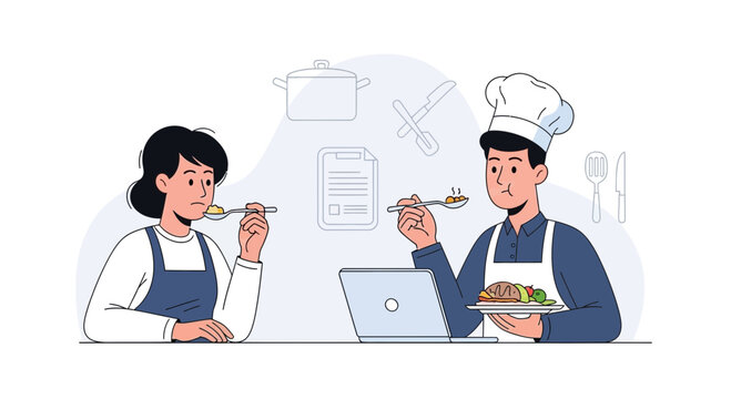 Chef and Home Cook Taste Test Food from Laptop Recipe, Exploring Culinary Arts and Online Cooking Classes