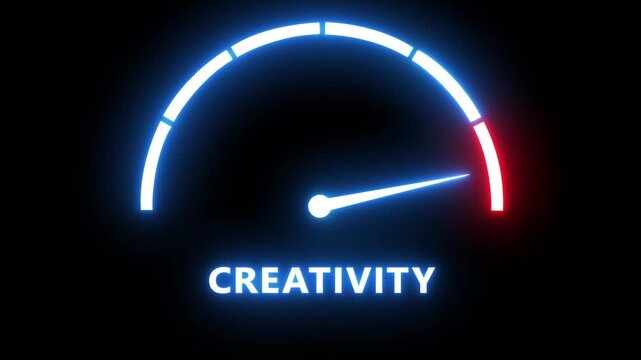 Neon creativity gauge meter animation: measuring creative potential and innovation performance speedometer