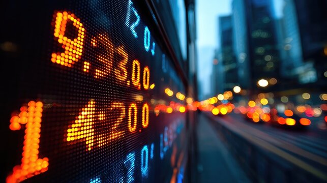 Bright digital stock ticker glowing with financial data against a blurred cityscape
