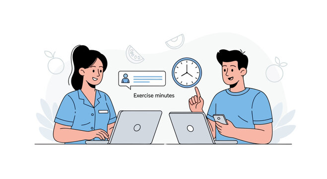 Couple tracking fitness goals and exercise minutes on laptops and phone, promoting healthy lifestyle and wellness.