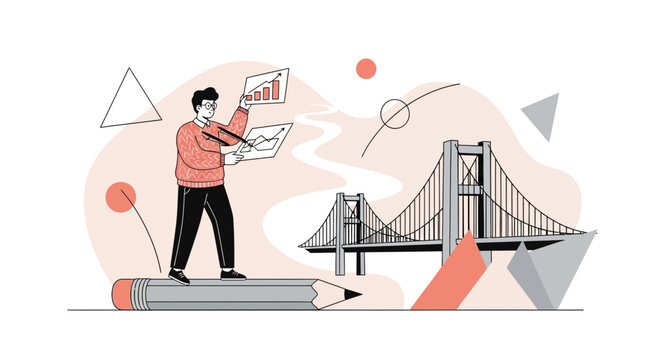Creative Bridge Building and Data Analysis Metaphor - Vector Illustration