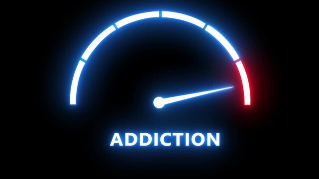 Neon addiction gauge meter animation: measuring risk and behavioral dependency levels indicator