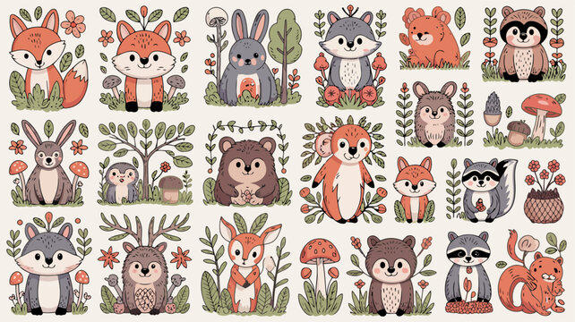Cute Hand Drawn Woodland Animals Vector Illustration Set.eps