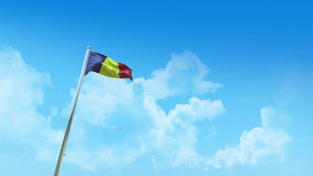 Chad Flag 3D Render Animation on Pole with Blue Sky and Clouds - Low Angle View