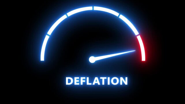 Deflation economic gauge indicator with neon glowing needle moving towards red warning zone economy inflation