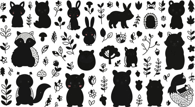 Cute Black and White Woodland Animals and Nature Doodles.eps