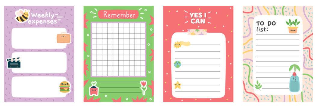 Set of cute vector planner pages with weekly expenses, remember grid, yes i can affirmation list and to do list templates