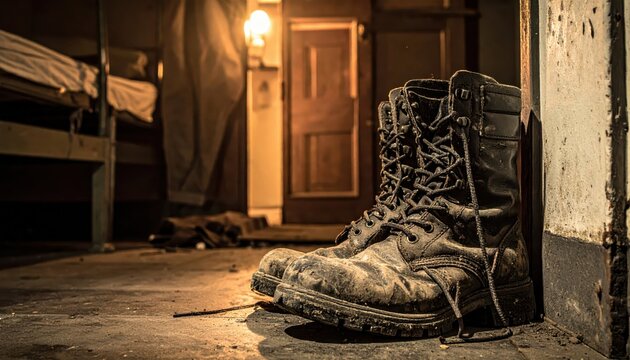 Worn Leather Combat Boots Caked in Mud, Untied and Left by a Doorway.