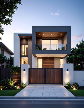 Modern house with wooden gate entrance.