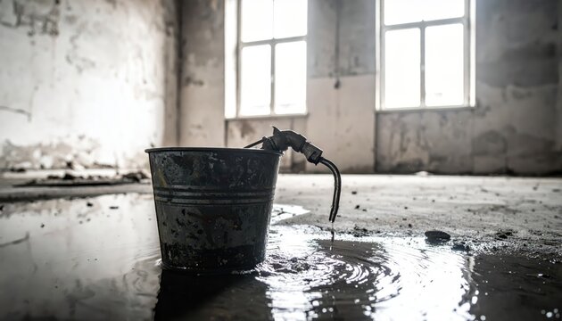Water dripping from a broken pipe into a rusty bucket in an abandoned building, creating ripples on the wet floor