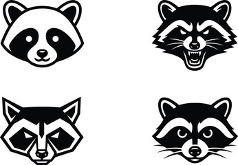 Fototapeta premium Collection of stylized raccoon head illustrations in cartoon, geometric, aggressive, and realistic artistic design variations
