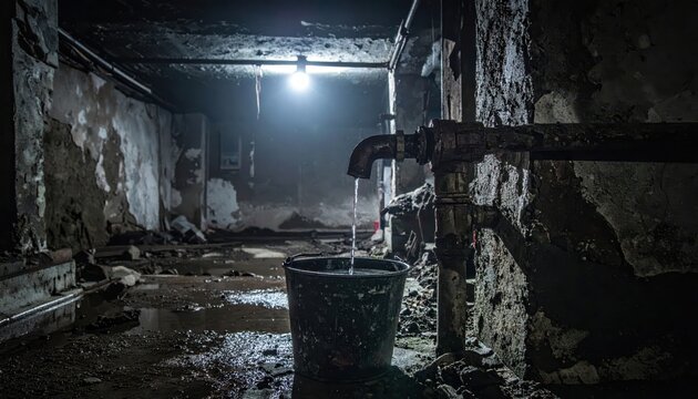 Water dripping from a leaky pipe into a rusty bucket in a dark, dilapidated basement