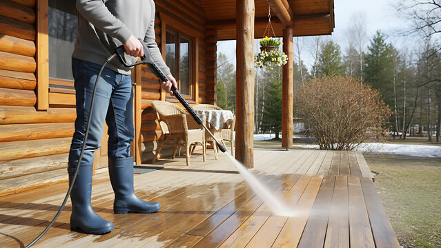 Professional maintenance worker wearing bright blue rubber boots uses a high-pressure washer to deep clean a weathered wooden deck outside a cozy rustic cabin during spring home preparation.