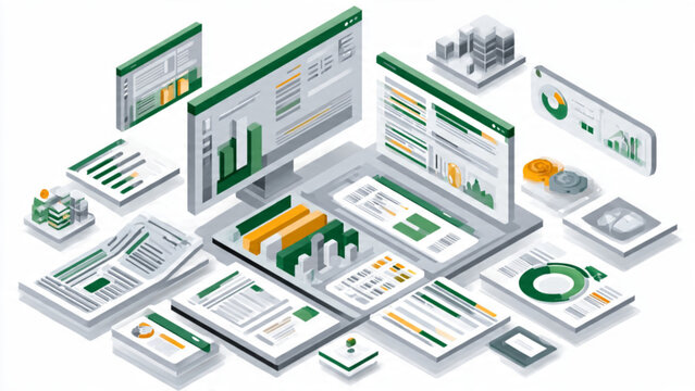 Business financial data analysis with digital reports, charts, graphs, devices, and spreadsheets showcasing growth and performance