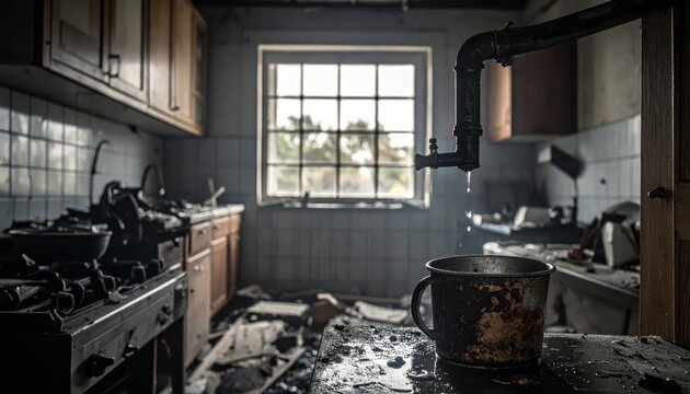 Water drips from a broken pipe into a rusty tin cup in a dilapidated kitchen, a stark symbol of neglect and scarcity.