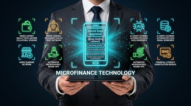 Businessman presenting microfinance technology on a tablet with various icons