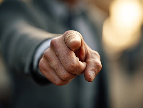 Person in suit points finger directly forward, emphasizing a point