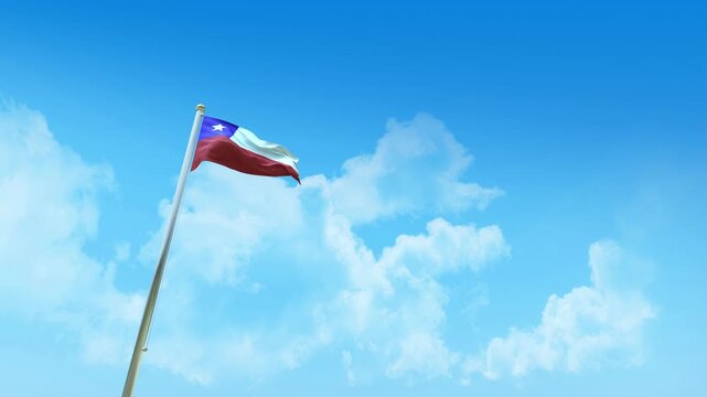 Chile Flag 3D Render Animation on Pole with Blue Sky and Clouds - Low Angle View