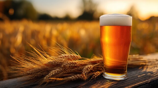 Golden ale in glass with wheat stalks at sunset in a field