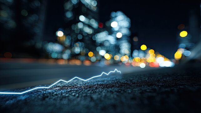 Neon line chart on textured ground, city lights blur in background