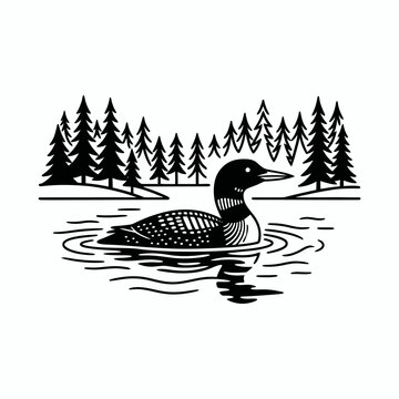 Black and white woodcut style illustration of a loon bird swimming on water.