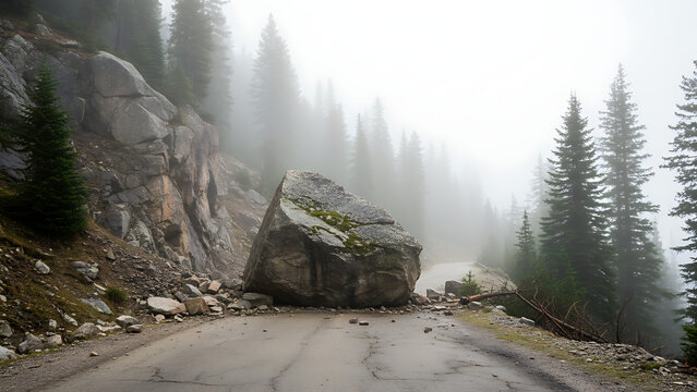 Gigantic fallen boulder obstructing a winding mountain highway passage amidst dense mystical fog, showcasing nature's immense power creating a hazardous roadblock and halting travel in the wild.